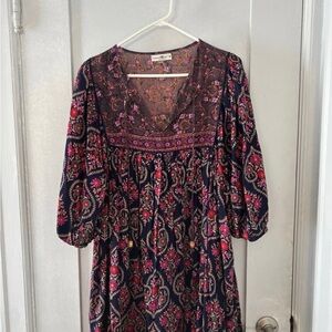 NATURAL LIFE Boho Paisley Midi Dress with Pink Accents